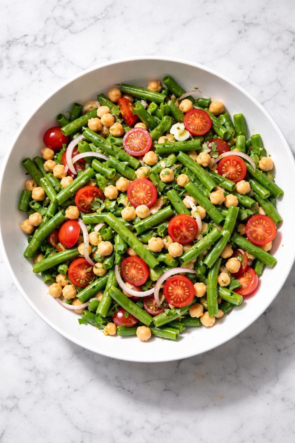 Image Prompt: Realistic top-down editorial food photography of a cold green bean salad with chickpeas in a wide white bowl on a clean white and gray marble countertop, chilled green beans tossed with chickpeas, red onion, cherry tomatoes, parsley, and lemon olive oil dressing, bright natural window light, soft shadows, clean composition, high detail, realistic food texture, no people, no hands, no text, no watermarks, no props with writing.