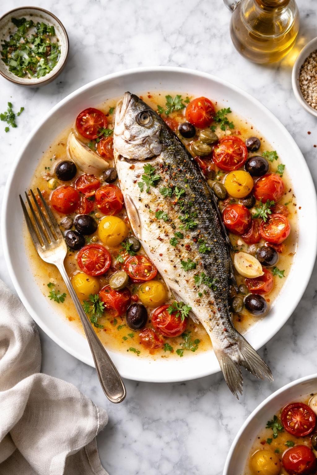 An overheard picture view of a plate of Pesce all'Acqua Pazza (Fish in Crazy Water) sitting on a marble countertop table in the kitchen, professional food photography style.