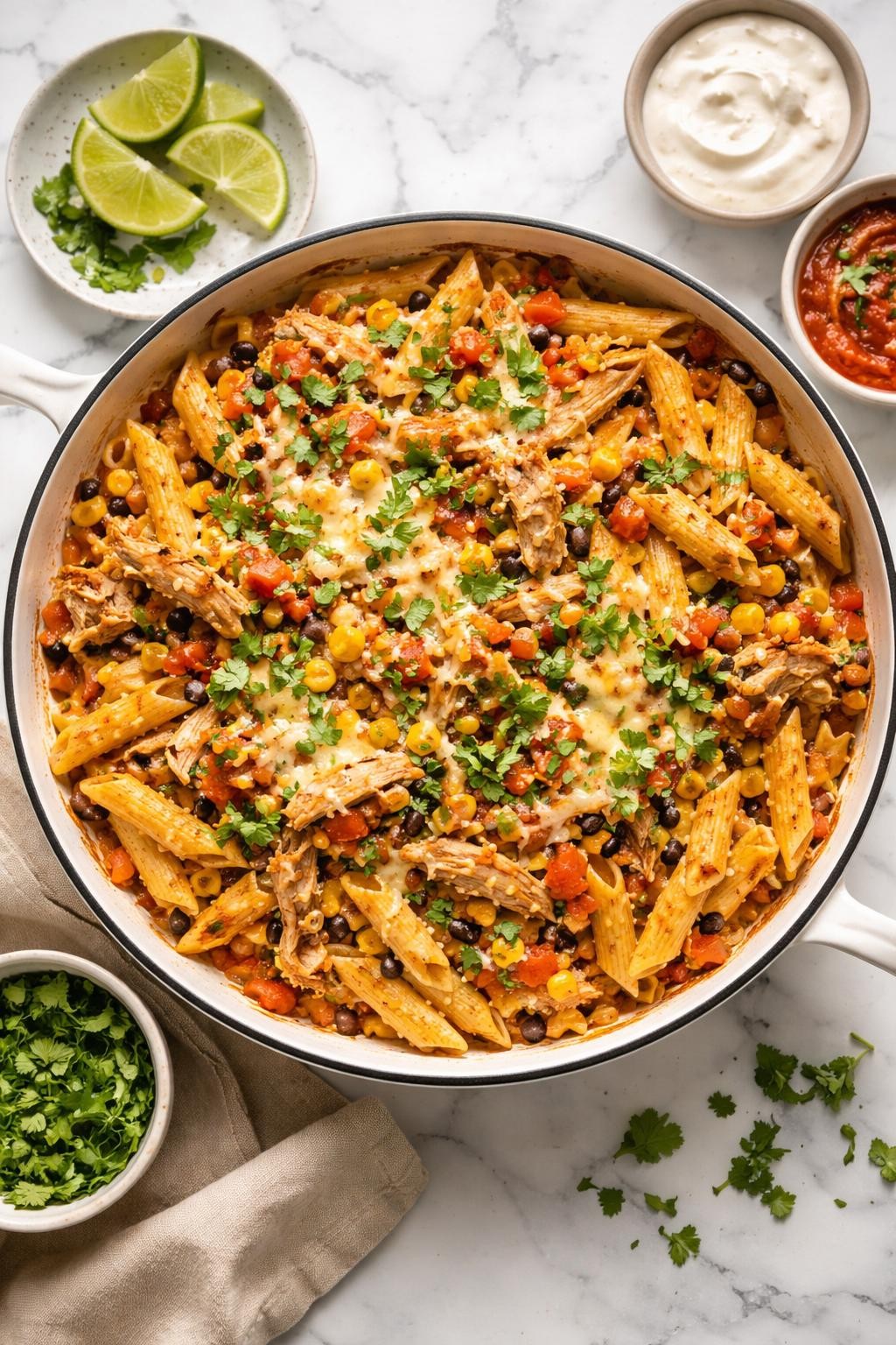 Image Prompt: Realistic top-down editorial food photography of a Mexican chicken thigh pasta skillet in a white bowl on a clean marble countertop, pasta tossed with shredded chicken thighs, salsa, corn, cheese, and cilantro, cozy homemade dinner styling, bright natural window light, no people, no hands, no text, no watermarks, no props with writing.