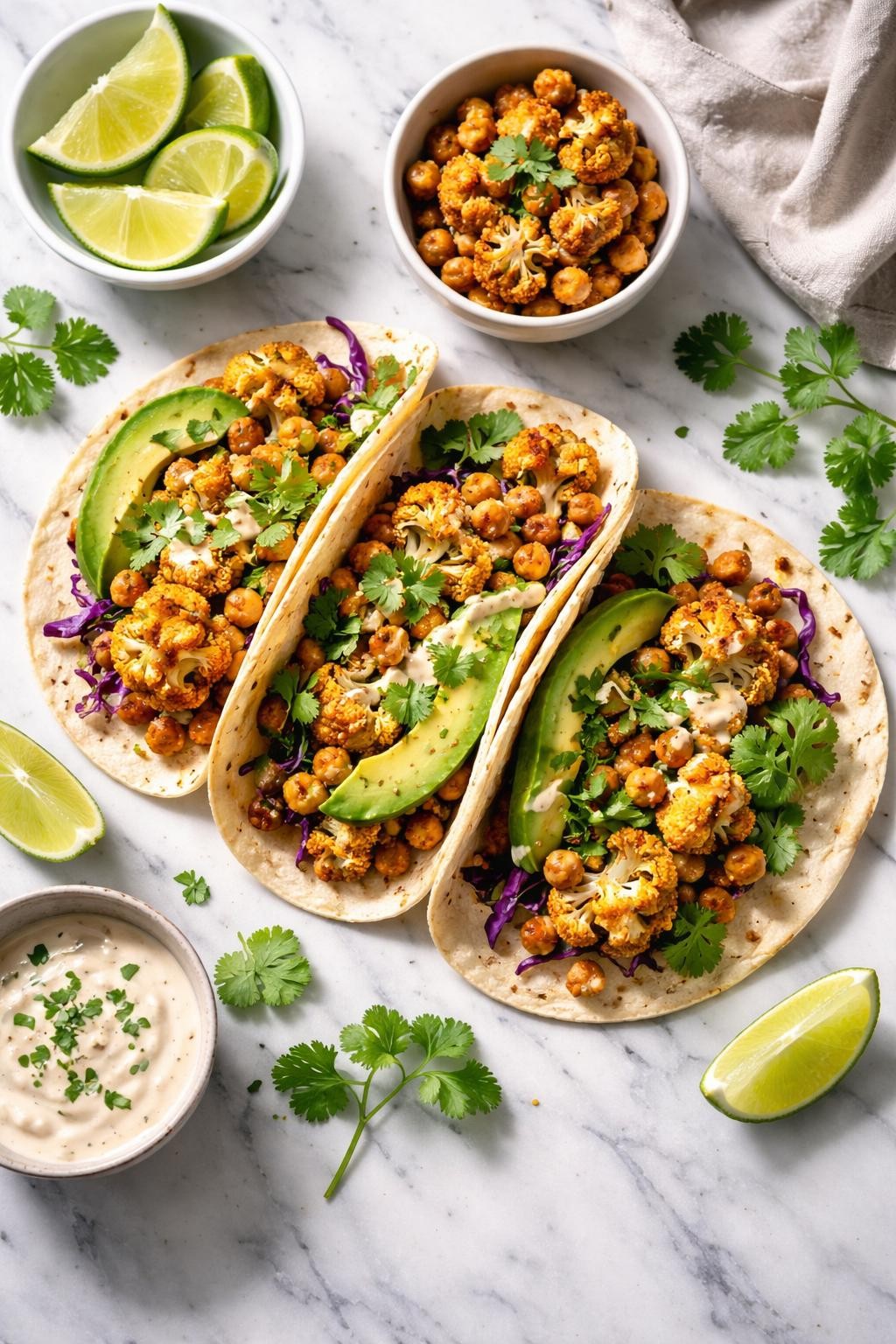 Image Prompt: Top-down realistic editorial food photography of roasted cauliflower chickpea tacos on a clean white and gray marble countertop, soft tortillas filled with roasted cauliflower, chickpeas, cabbage, avocado, and fresh cilantro, colorful homemade whole food vegan taco styling, bright natural window lighting, soft shadows, high detail, no people, no hands, no text, no watermarks, no props with writing.