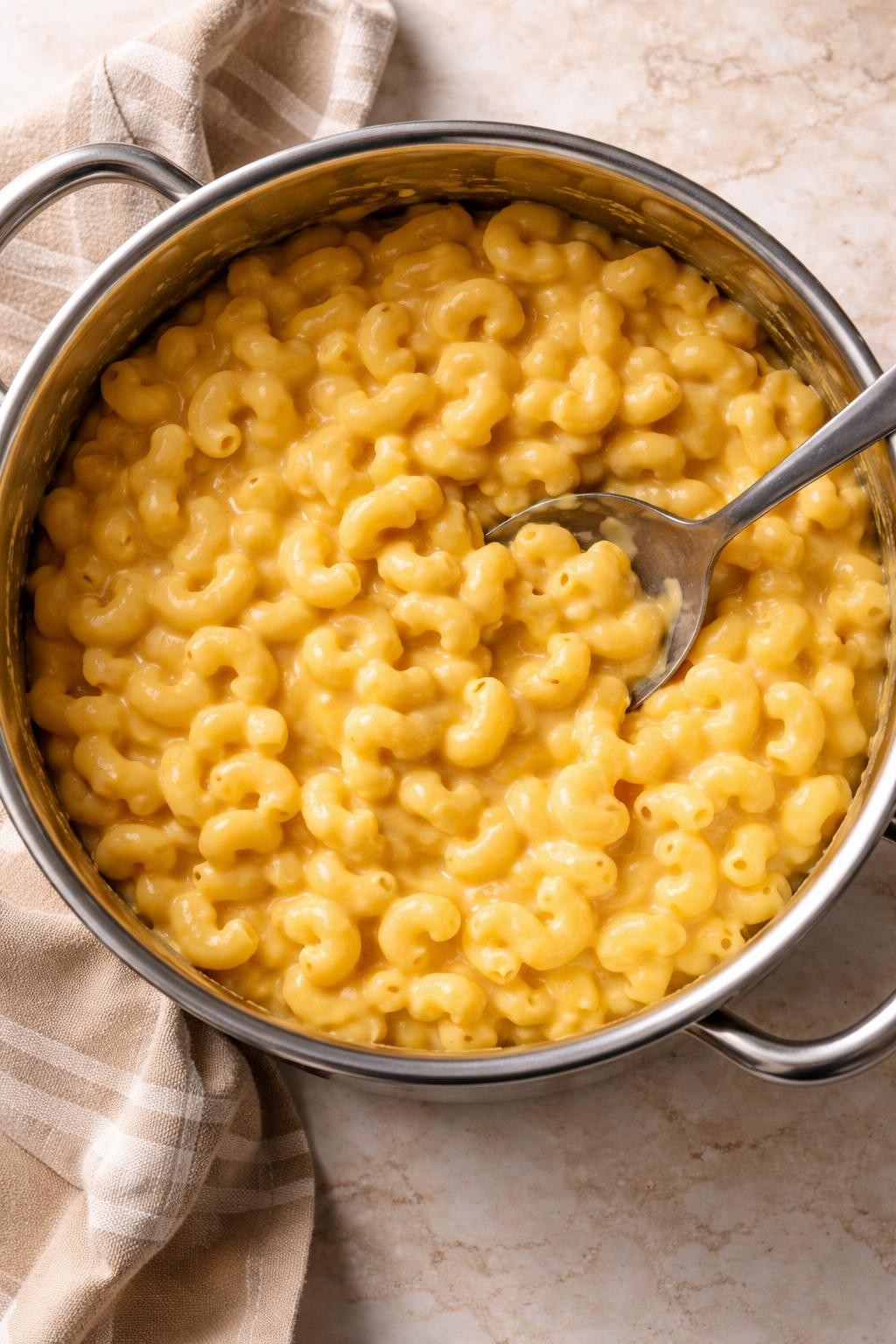 "Overhead realistic photo of a pot of creamy macaroni and cheese, showing elbow pasta coated in a smooth yellow cheese sauce. No breadcrumb topping. A spoon stirring the pot. Soft kitchen light, classic creamy comfort food, no people, no hands, no text, no watermarks."
