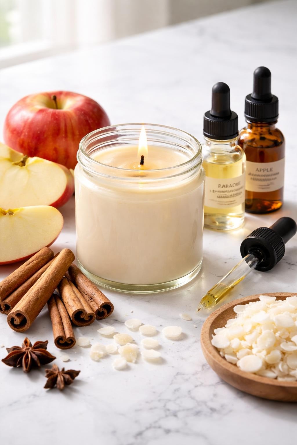 A realistic close-up photo of a homemade candle scent setup for apple cinnamon on a clean white marble countertop table. A glass candle jar with creamy wax and a centered wick sits beside small bottles of apple fragrance oil and cinnamon fragrance oil. Apple slices, cinnamon sticks, soy wax flakes, and a dropper are arranged neatly around the candle. Bright natural light, crisp detail, realistic texture, clean minimal setup, strong focus on the candle and cozy fruit-spice ingredients, no people, no text, (no watermarks on images)