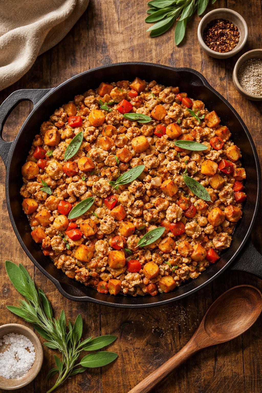 "Realistic top-down food photography of a cast iron skillet filled with ground turkey and sweet potato hash on a wooden table. The mixture includes crumbled turkey, diced sweet potatoes, bell peppers, and onions, all lightly browned. Fresh sage and black pepper on top. Warm golden hour light, hearty and healthy one-pan dinner, no people, no hands, no text, no watermarks."