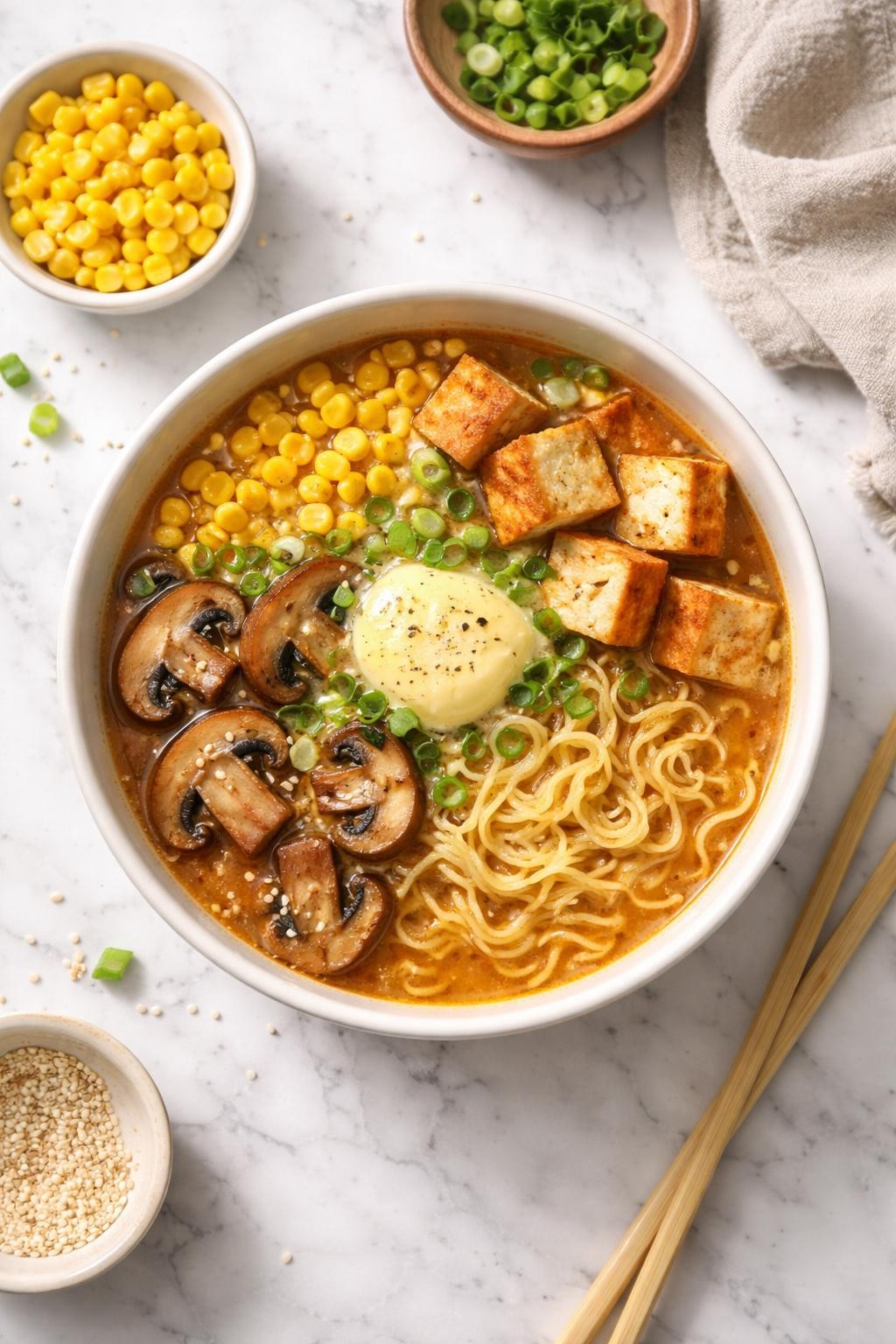 Image Prompt: Realistic top-down editorial food photography of a bowl of miso corn butter-style vegan ramen on a white marble countertop, filled with ramen noodles, rich miso broth, sweet corn, mushrooms, tofu, green onions, and a small melting spoonful of vegan butter on top, cozy homemade ramen styling, bright natural daylight, soft shadows, clean editorial composition, high detail, realistic texture, no people, no hands, no text, no watermarks, no props with writing.