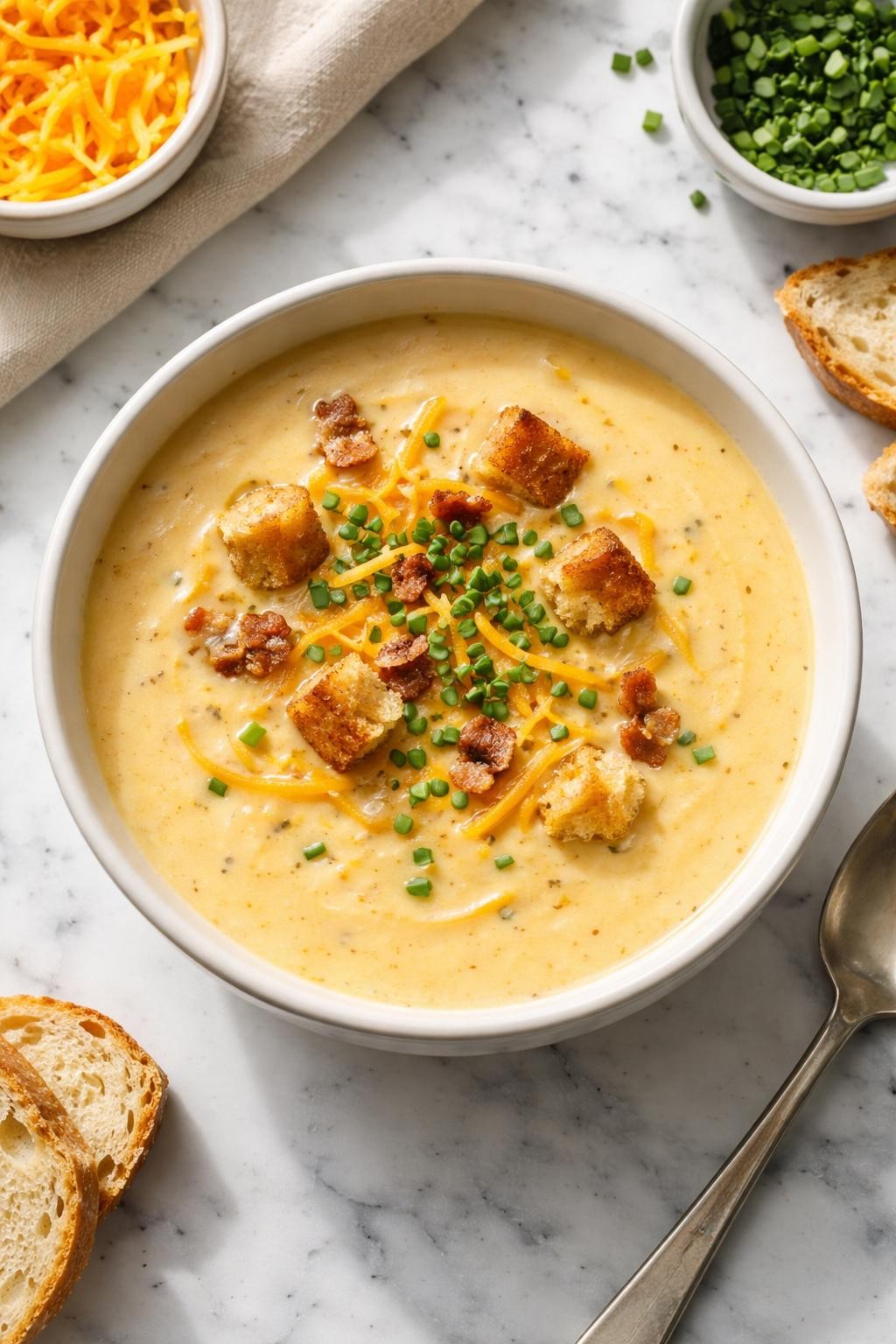 Image Prompt: Realistic top-down editorial food photography of a bowl of classic beer cheese soup on a clean white and gray marble countertop, thick creamy golden soup with melted sharp cheddar, a light sprinkle of chives on top, soft sheen from the cheese, served in a simple neutral bowl with a cozy homemade feel, bright natural window lighting, soft shadows, clean composition, high detail, realistic food texture, no people, no hands, no text, no watermarks, no props with writing.