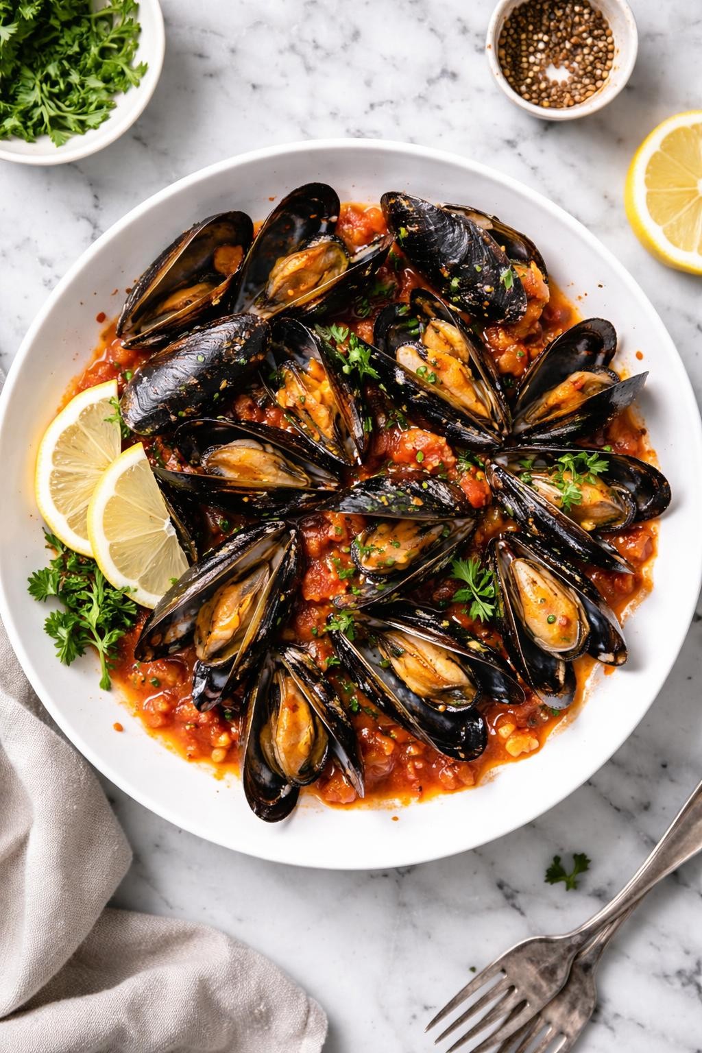 An overheard picture view of a plate of Mussels Marinara sitting on a marble countertop table in the kitchen, professional food photography style.