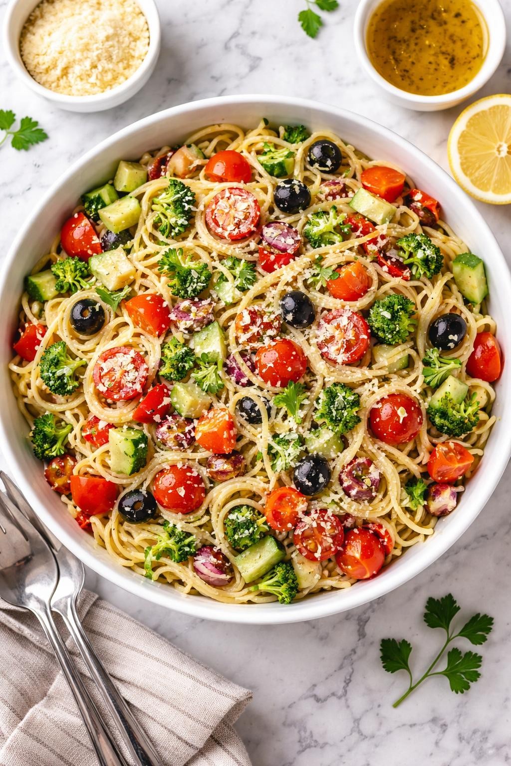 An overheard picture view of a plate of California Spaghetti Salad   sitting on a marble countertop table in the kitchen, professional food photography style.
