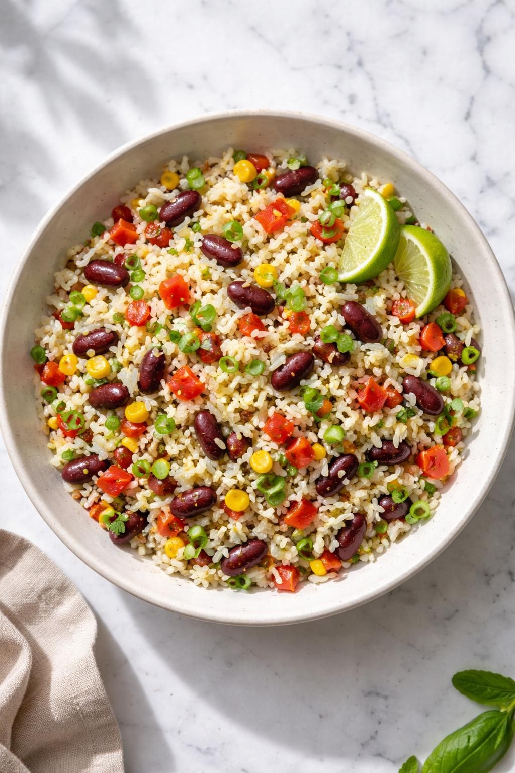 Image Prompt: Realistic top-down editorial food photography of a rice salad with beans and corn in a shallow neutral bowl on a white marble countertop, fluffy rice mixed with kidney beans, sweet corn, diced red bell pepper, green onion, and lime dressing, bright natural daylight, soft shadows, realistic food textures, clean editorial styling, no people, no hands, no text, no watermarks, no props with writing.