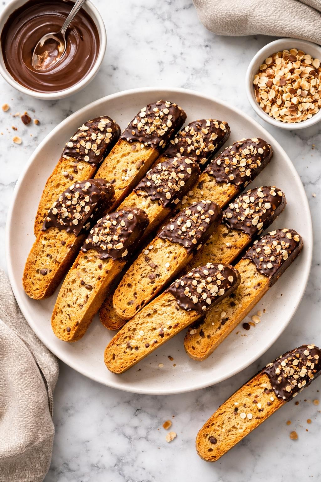 An overheard picture view of a plate of  Chocolate-Dipped Biscotti  sitting on a marble countertop table in the kitchen, professional food photography style.
