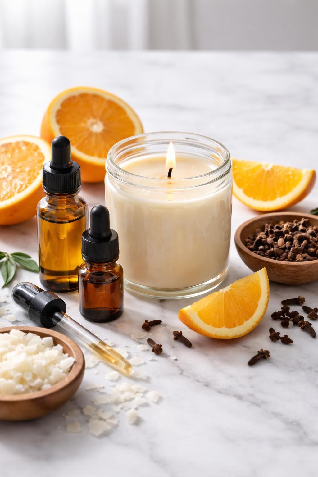 A realistic close-up photo of a homemade candle scent setup for orange clove on a clean white marble countertop table. A glass candle jar with creamy wax and a centered wick sits beside small bottles of orange essential oil and clove fragrance oil. Orange slices, whole cloves, soy wax flakes, and a small dropper are arranged neatly around the candle. Bright natural light, crisp detail, realistic texture, clean minimal setup, strong focus on the candle and citrus spice ingredients, no people, no text, (no watermarks on images)