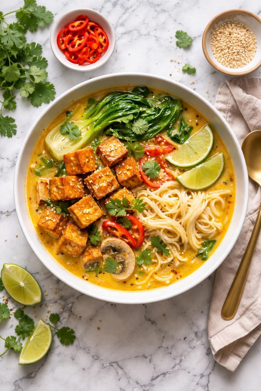 An overheard picture view of a plate of Coconut Curry Tofu Soup with Noodles sitting on a marble countertop table in the kitchen, professional food photography style.