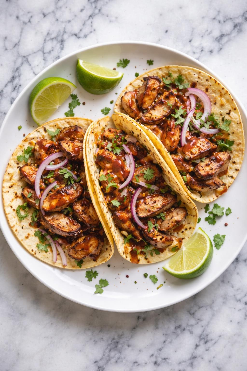 Image Prompt: Realistic top-down editorial food photography of chipotle chicken thigh tacos on a white plate over a clean white and gray marble countertop, warm tortillas filled with smoky sliced chicken thighs, red onion, cilantro, and lime, bold homemade taco styling, bright natural daylight, no people, no hands, no text, no watermarks, no props with writing.