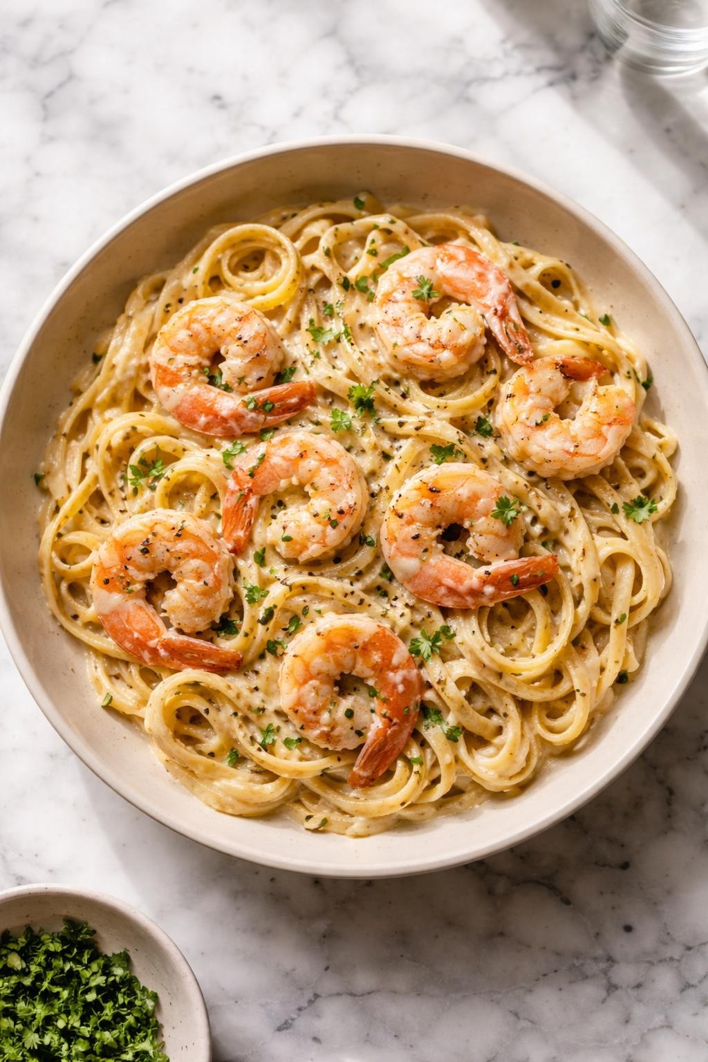 Image Prompt: Realistic top-down editorial food photography of creamy Italian shrimp pasta in a neutral bowl on a white and gray marble countertop, tender shrimp and pasta coated in a creamy garlic parmesan sauce with parsley and black pepper, warm natural window light, cozy homemade dinner mood, no people, no hands, no text, no watermarks, no props with writing.