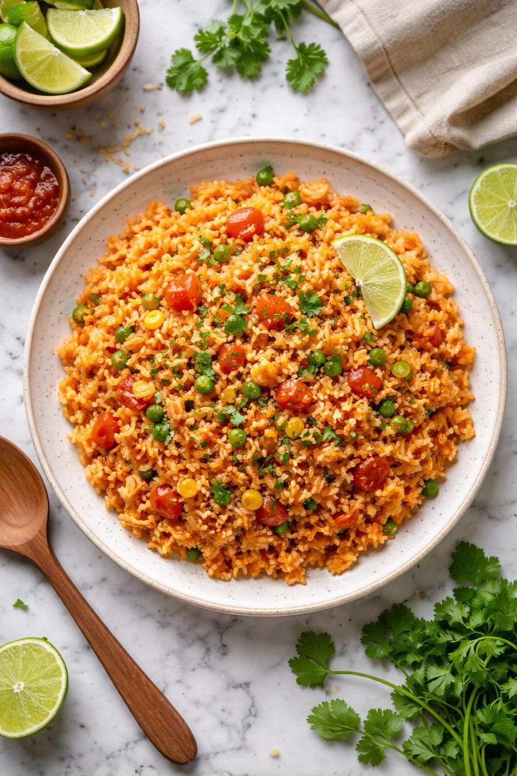 An overheard picture view of a plate of Authentic Mexican Rice (Arroz Rojo) sitting on a marble countertop table in the kitchen, professional food photography style.