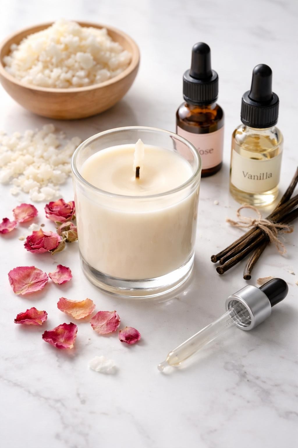 A realistic close-up photo of a homemade candle scent setup for rose vanilla on a clean white marble countertop. Small bottles of rose fragrance oil and vanilla fragrance oil are placed beside a glass candle jar with creamy wax and a centered wick. Dried rose petals, soy wax flakes, and a small dropper are arranged neatly around the candle. Bright cool-toned natural light, crisp detail, realistic texture, clean minimal setup, strong focus on the candle and floral scent ingredients, no people, no text, (no watermarks on images)