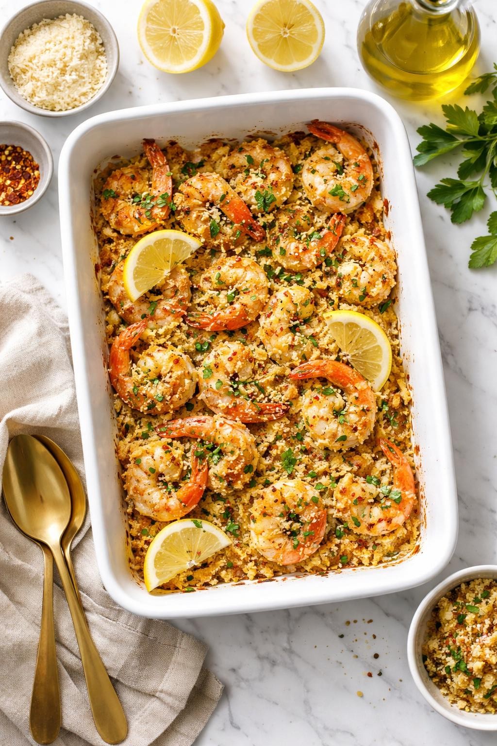 Image Prompt: Realistic top-down editorial food photography of baked Italian shrimp in a white baking dish on a clean marble countertop, shrimp baked with olive oil, garlic, breadcrumbs, parsley, lemon, and parmesan, golden topping visible, bright natural daylight, warm homemade dinner mood, no people, no hands, no text, no watermarks, no props with writing.