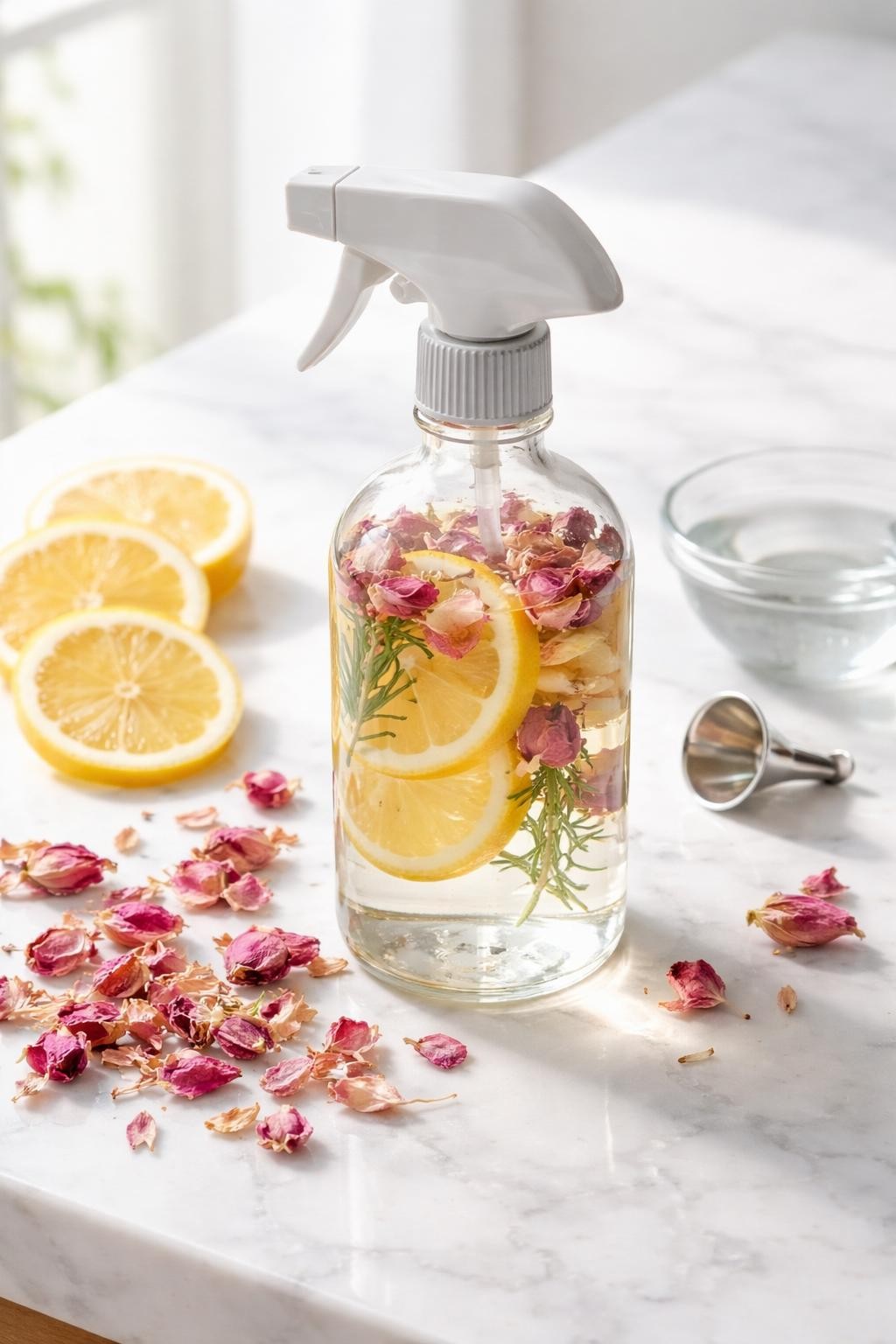 A realistic close-up photo of a glass spray bottle filled with rose lemon homemade air freshener on a clean white marble countertop table. Dried rose petals, lemon slices, a small bowl of distilled water, and a tiny funnel are placed neatly around the bottle. Bright natural light, crisp detail, realistic texture, clean minimal setup, strong focus on the spray bottle and floral citrus details, no people, no text, (no watermarks on images)