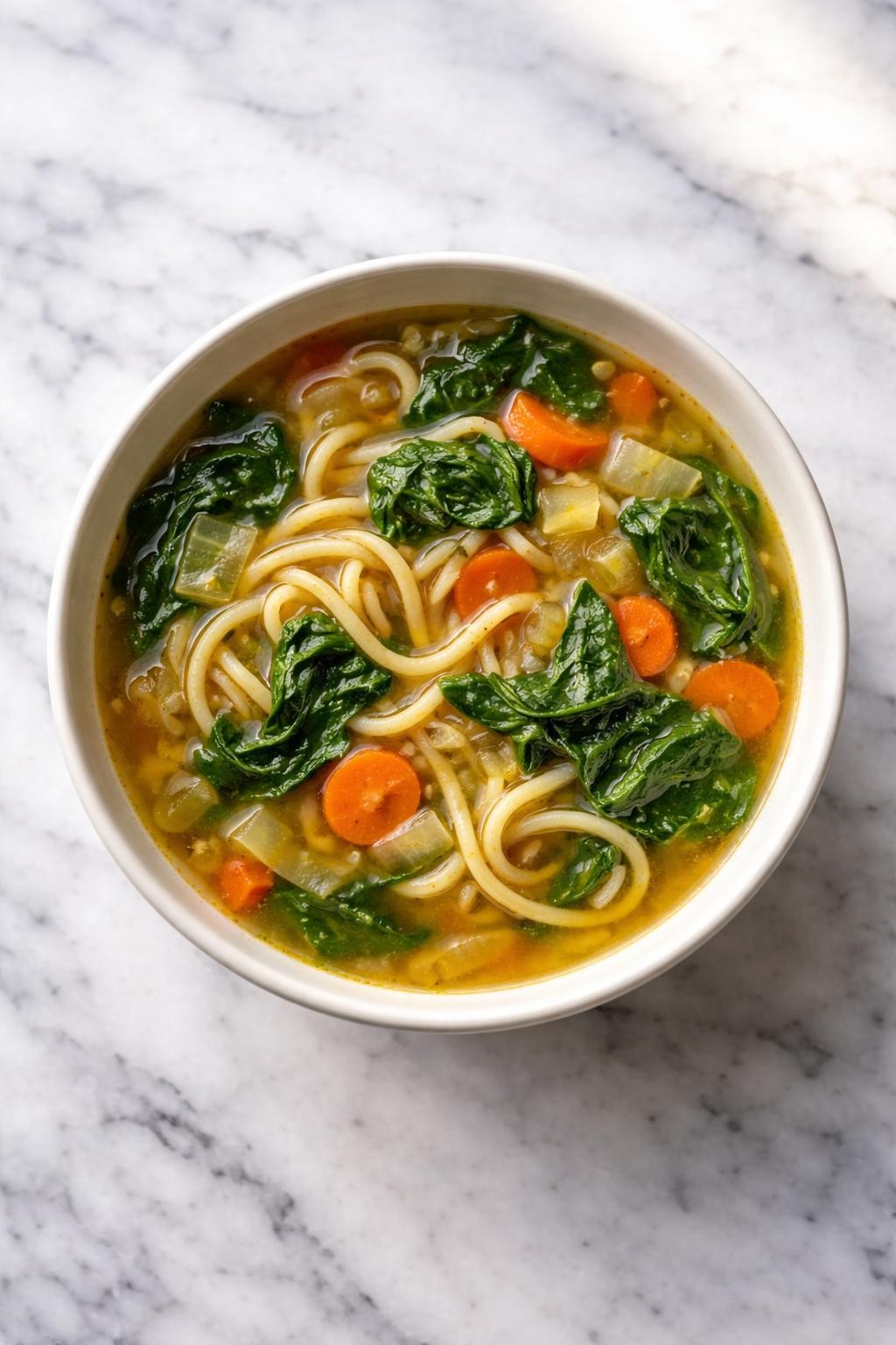 Image Prompt: Top-down realistic editorial food photography of a bowl of vegan spinach noodle soup on a clean white and gray marble countertop, warm broth with noodles, wilted spinach, carrots, celery, and onions in a simple bowl, cozy homemade meal mood, bright natural window lighting, soft shadows, high detail, no people, no hands, no text, no watermarks, no props with writing.