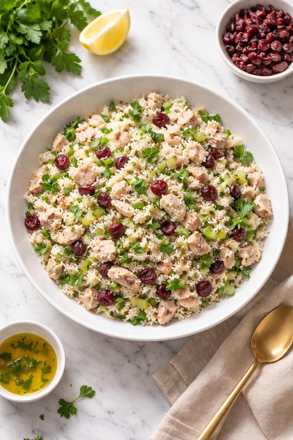Image Prompt: Realistic top-down editorial food photography of a rice salad with turkey and cranberries in a shallow white bowl on a light marble countertop, fluffy rice mixed with chopped cooked turkey, dried cranberries, celery, parsley, and a light dressing, bright natural window lighting, soft shadows, clean composition, high detail, realistic food texture, no people, no hands, no text, no watermarks, no props with writing.