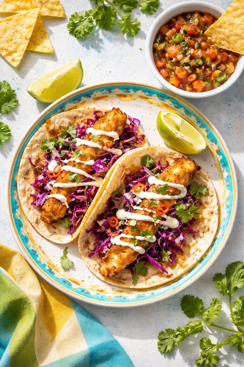 "Realistic top-down food photography of two fish tacos on a colorful plate. The tacos have crispy baked white fish, purple cabbage slaw, a drizzle of crema, and a squeeze of lime. A wedge of lime and a small bowl of salsa on the side. Bright beachy lighting, healthy and fun taco night, no people, no hands, no text, no watermarks."