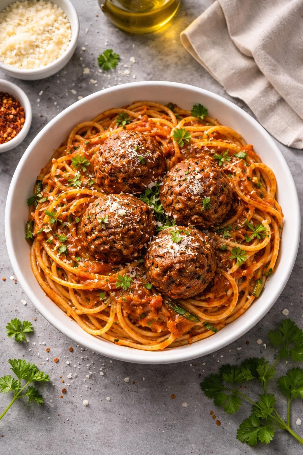 "Realistic top-down food photography of a white bowl of spaghetti and meatballs on a gray countertop. The spaghetti is tossed in tomato sauce, topped with three large meatballs, and a sprinkle of Parmesan. Shredded zucchini and carrots are visible in the sauce. Soft warm light, hidden veggie trick for picky eaters, no people, no hands, no text, no watermarks."