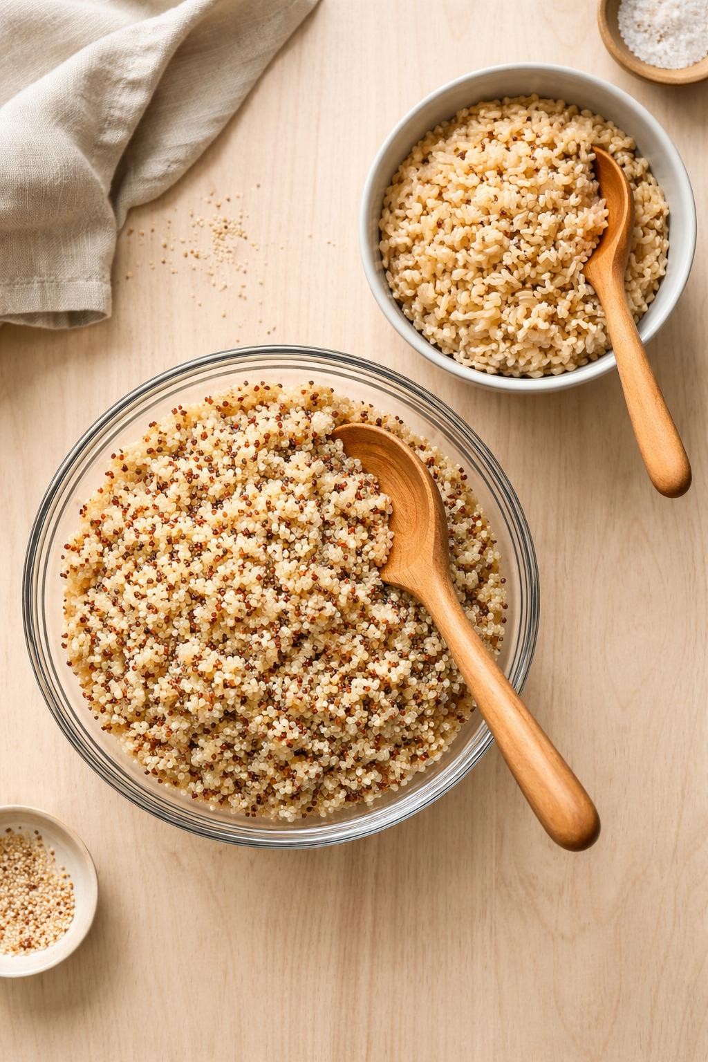 "Realistic top-down food photography of a large glass bowl filled with fluffy cooked quinoa on a light wood table. Next to it, a smaller bowl of cooked brown rice. A wooden spoon resting in each. Soft overhead kitchen light, simple grain prep for easy bowls, no people, no hands, no text, no watermarks."