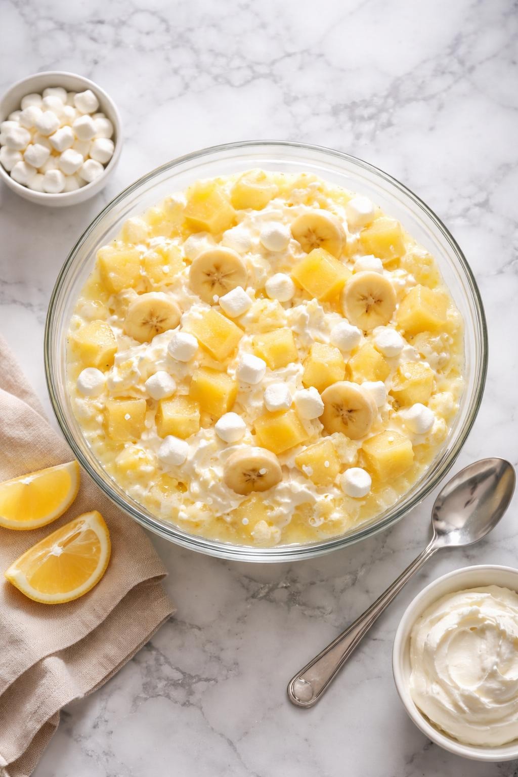 Image Prompt: Realistic top-down editorial food photography of lemon jello fruit salad in a clear glass bowl on a clean white and gray marble countertop, pale yellow jello mixed with pineapple, banana slices, marshmallows, and whipped topping, light cheerful homemade gathering dessert styling, bright natural window lighting, soft shadows, clean composition, high detail, realistic texture, no people, no hands, no text, no watermarks, no props with writing.