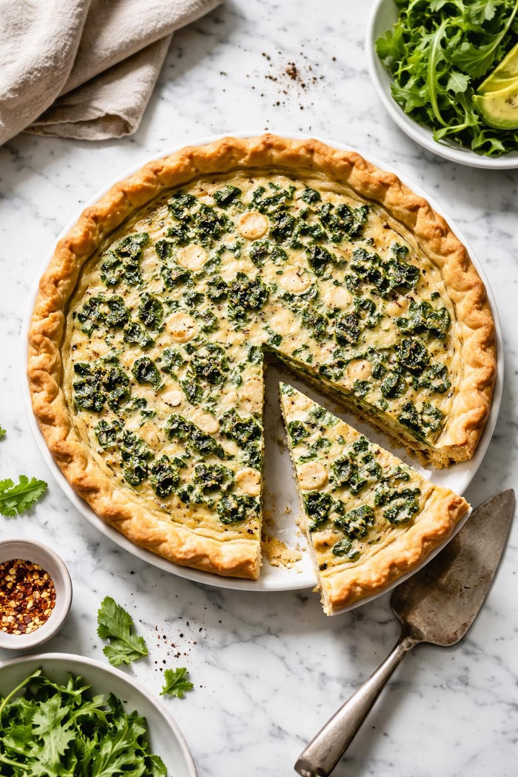 Image Prompt: Top-down realistic editorial food photography of a homemade vegan kale quiche on a clean white and gray marble countertop, flaky pie crust filled with creamy tofu-based filling and tender chopped kale, one slice removed to show the savory green-speckled interior, warm wholesome brunch mood, bright natural window lighting, soft shadows, high detail, no people, no hands, no text, no watermarks, no props with writing.