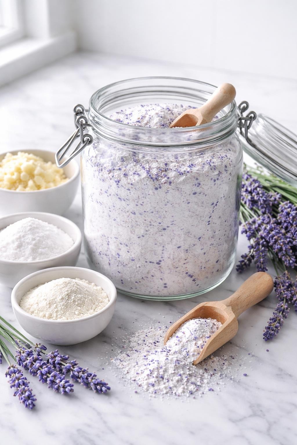 A realistic close-up photo of a glass jar filled with lavender homemade laundry detergent powder on a clean white marble countertop. Lavender sprigs, small bowls of borax, washing soda, grated laundry soap, and a wooden scoop are arranged neatly around the jar. Bright cool-toned natural light, crisp detail, realistic texture, clean minimal setup, strong focus on the powder detergent and soft lavender details, no people, no text, (no watermarks on images)