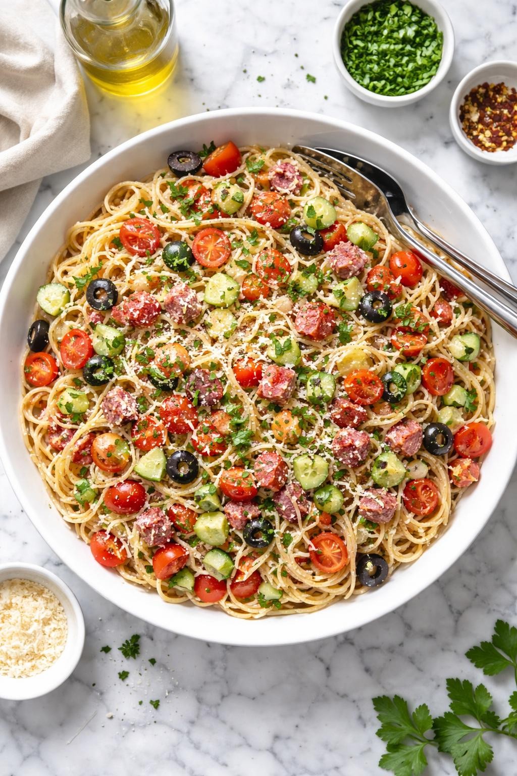 An overheard picture view of a plate of Make-Ahead Spaghetti Salad for a Crowd   sitting on a marble countertop table in the kitchen, professional food photography style.
