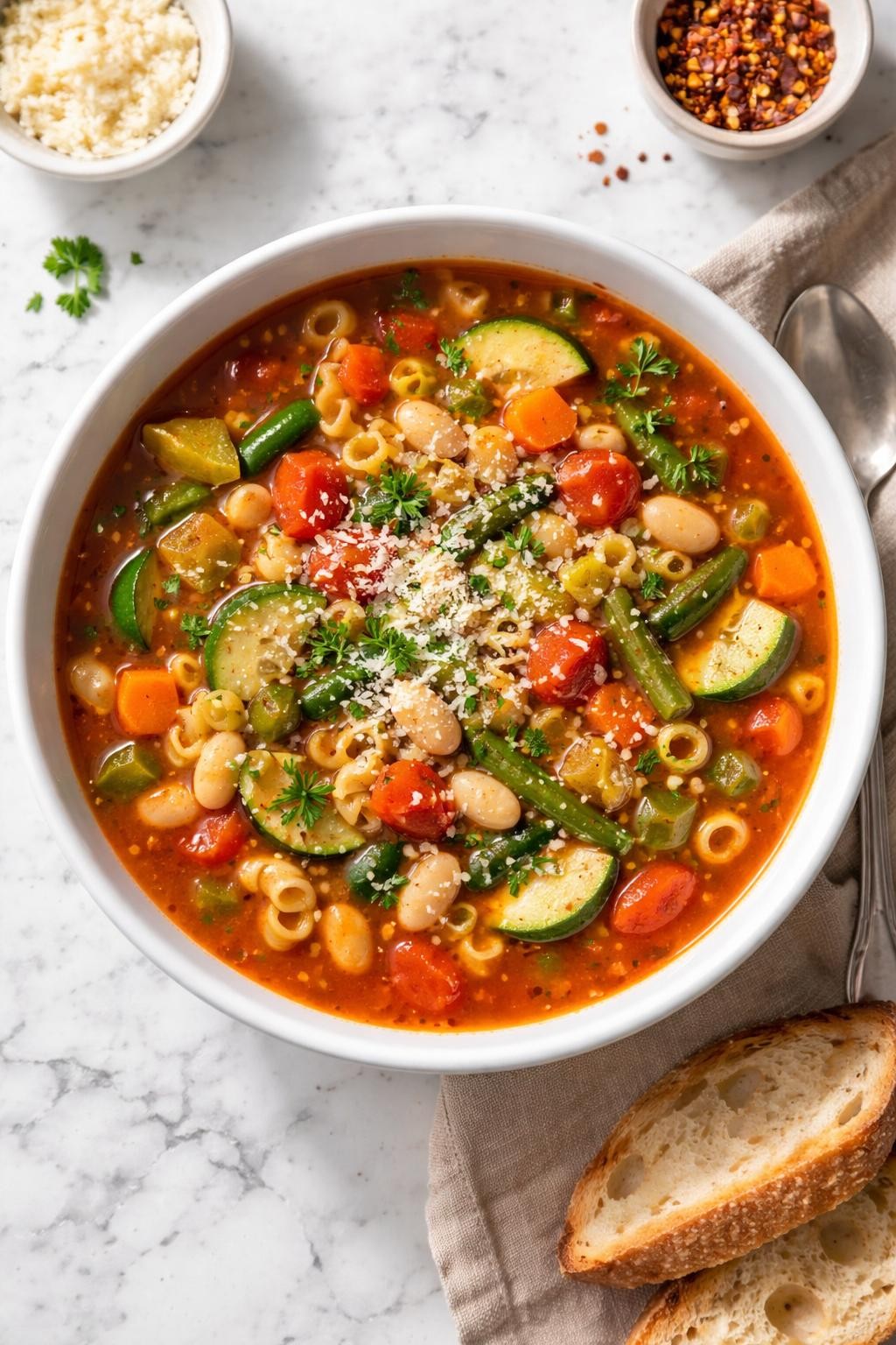Image Prompt: Realistic top-down editorial food photography of a bowl of vegetarian copycat minestrone soup on a white marble countertop, filled with pasta, carrots, celery, green beans, zucchini, tomatoes, white beans, and a rich tomato vegetable broth, topped with parsley, warm homemade restaurant-style soup mood, bright natural daylight, soft shadows, clean styling, high detail, no people, no hands, no text, no watermarks, no props with writing.