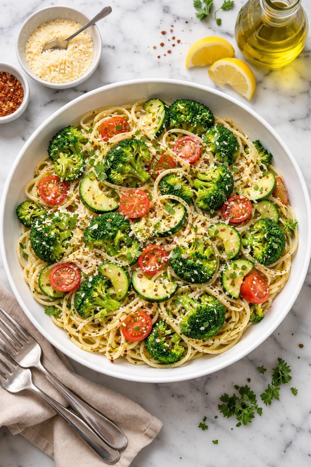 An overheard picture view of a plate of  Cold Spaghetti Salad with Broccoli and Zucchini  sitting on a marble countertop table in the kitchen, professional food photography style.
