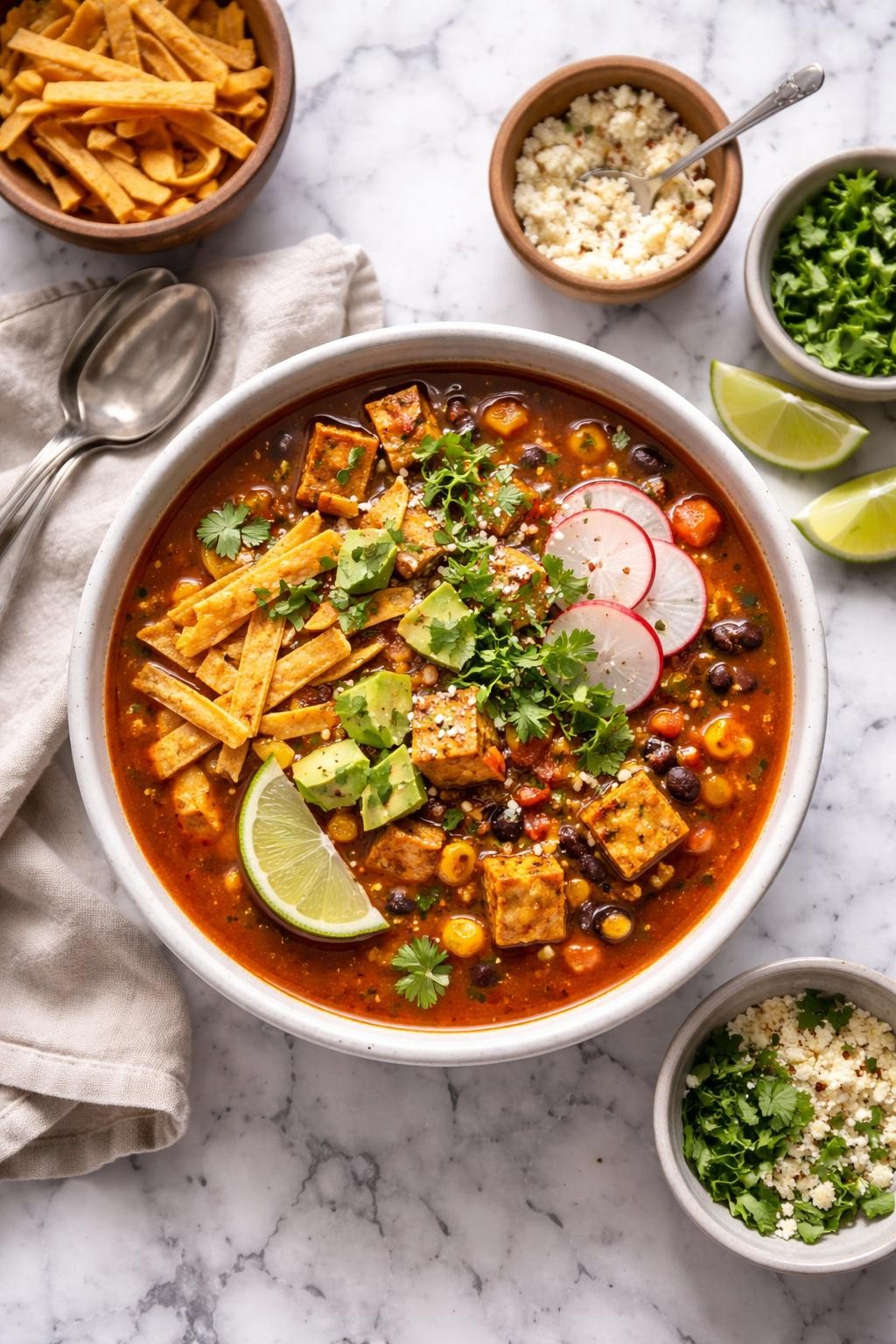 An overheard picture view of a plate of Mexican Tortilla Soup with Tofu sitting on a marble countertop table in the kitchen, professional food photography style.
