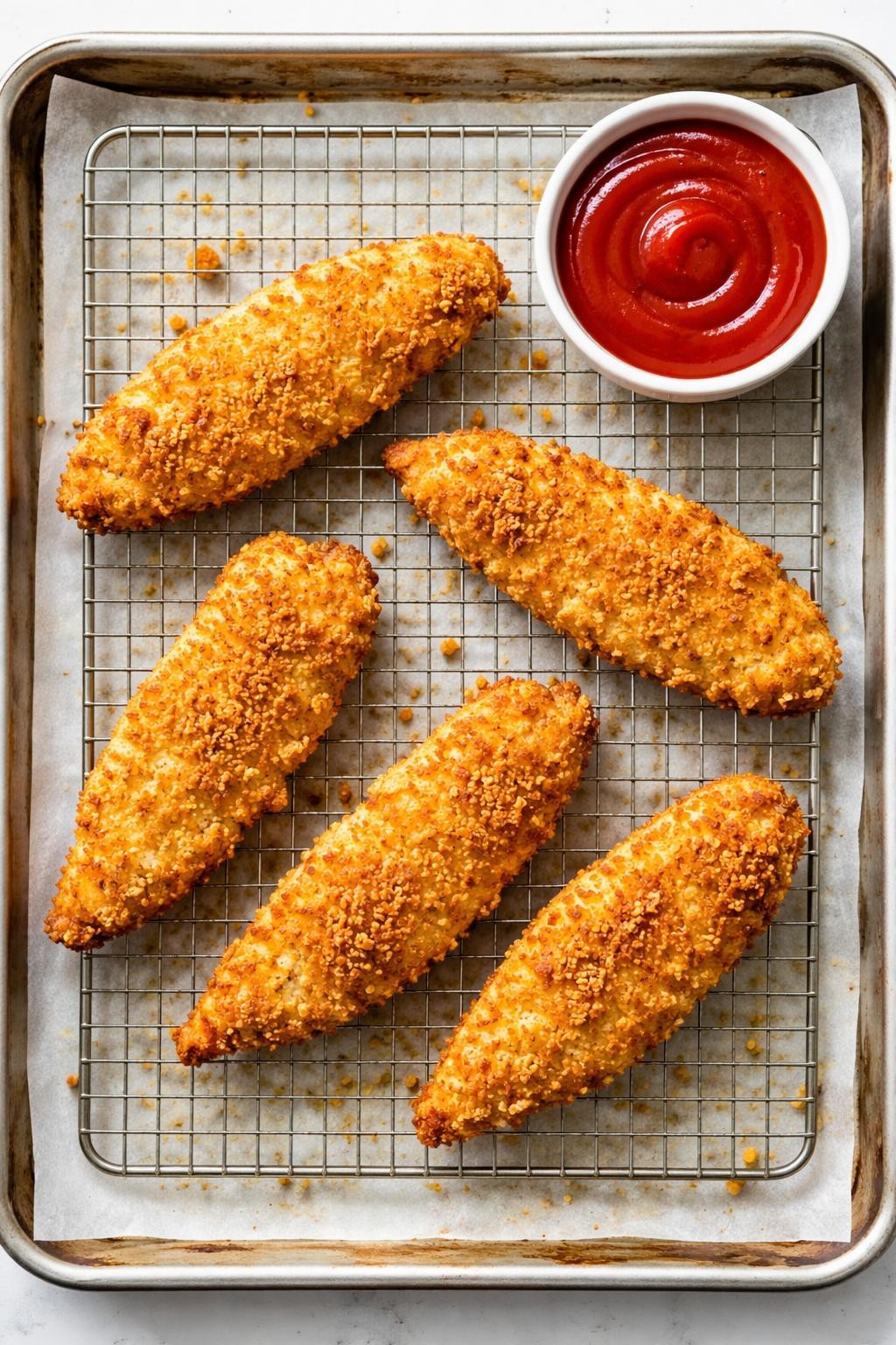 "Overhead realistic photo of four golden-brown chicken tenders on a wire rack over a baking sheet, showing a crunchy breadcrumb coating. A small bowl of ketchup on the side. Bright kitchen light, kid-friendly oven-baked dinner, no people, no hands, no text, no watermarks."
