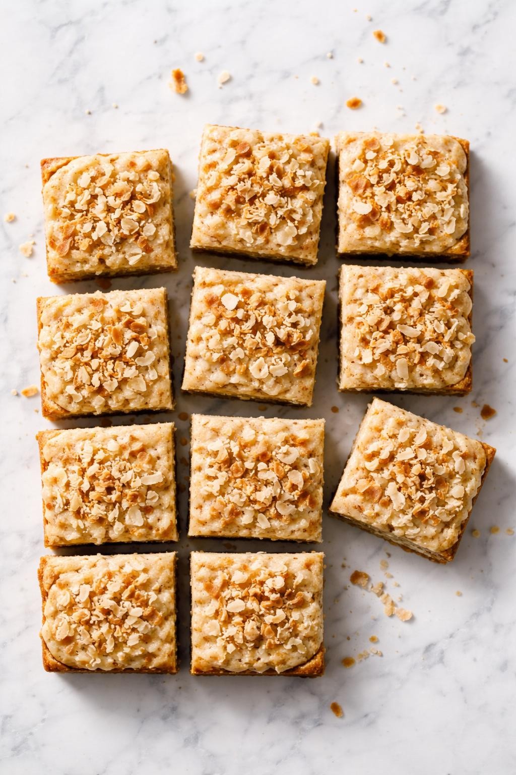 Image Prompt: Realistic top-down editorial food photography of vegan banana coconut bars cut into squares on a white marble countertop, soft banana bars topped with toasted coconut flakes, bright natural daylight, clean editorial dessert styling, no people, no hands, no text, no watermarks, no props with writing.