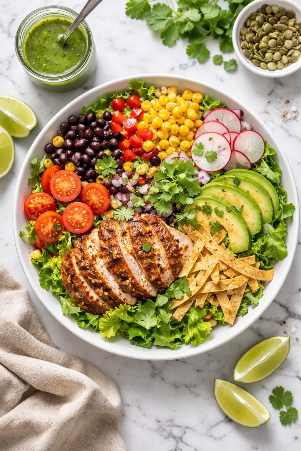 An overheard picture view of a plate of Southwest Salad with Cilantro Vinaigrette sitting on a marble countertop table in the kitchen, professional food photography style.