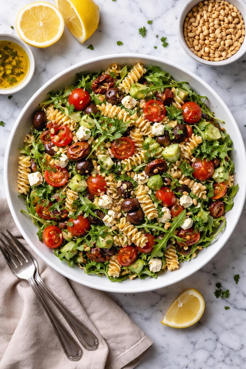 An overheard picture view of a plate of Mediterranean Pasta Salad with Arugula and Pine Nuts sitting on a marble countertop table in the kitchen, professional food photography style.