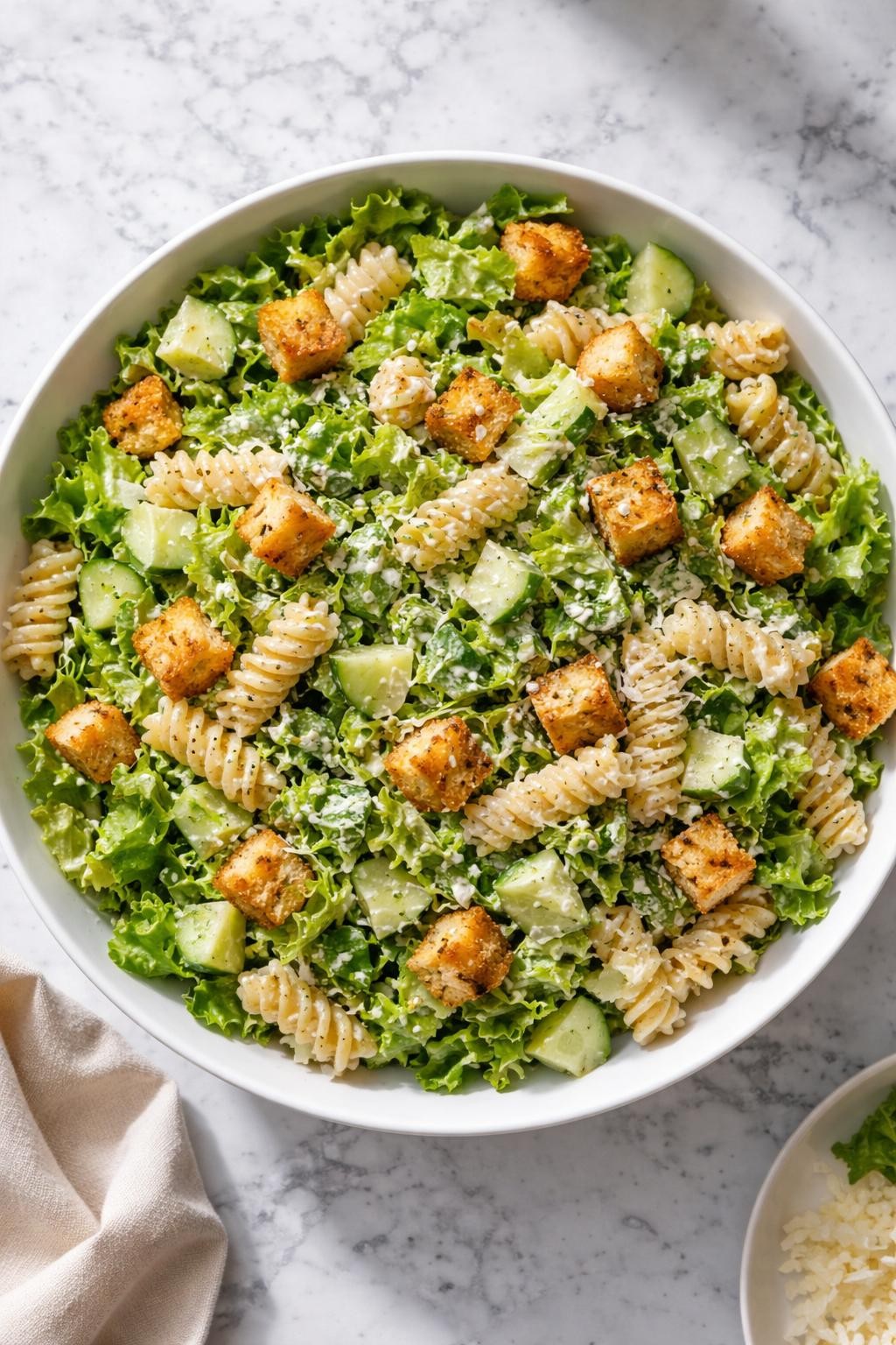 Image Prompt: Realistic top-down editorial food photography of Caesar pasta salad with cucumber in a white serving bowl on a white and gray marble countertop, rotini pasta tossed with chopped romaine, diced cucumber, creamy Caesar dressing, parmesan, and golden croutons, fresh cool homemade styling, bright natural light, soft shadows, no people, no hands, no text, no watermarks, no props with writing.