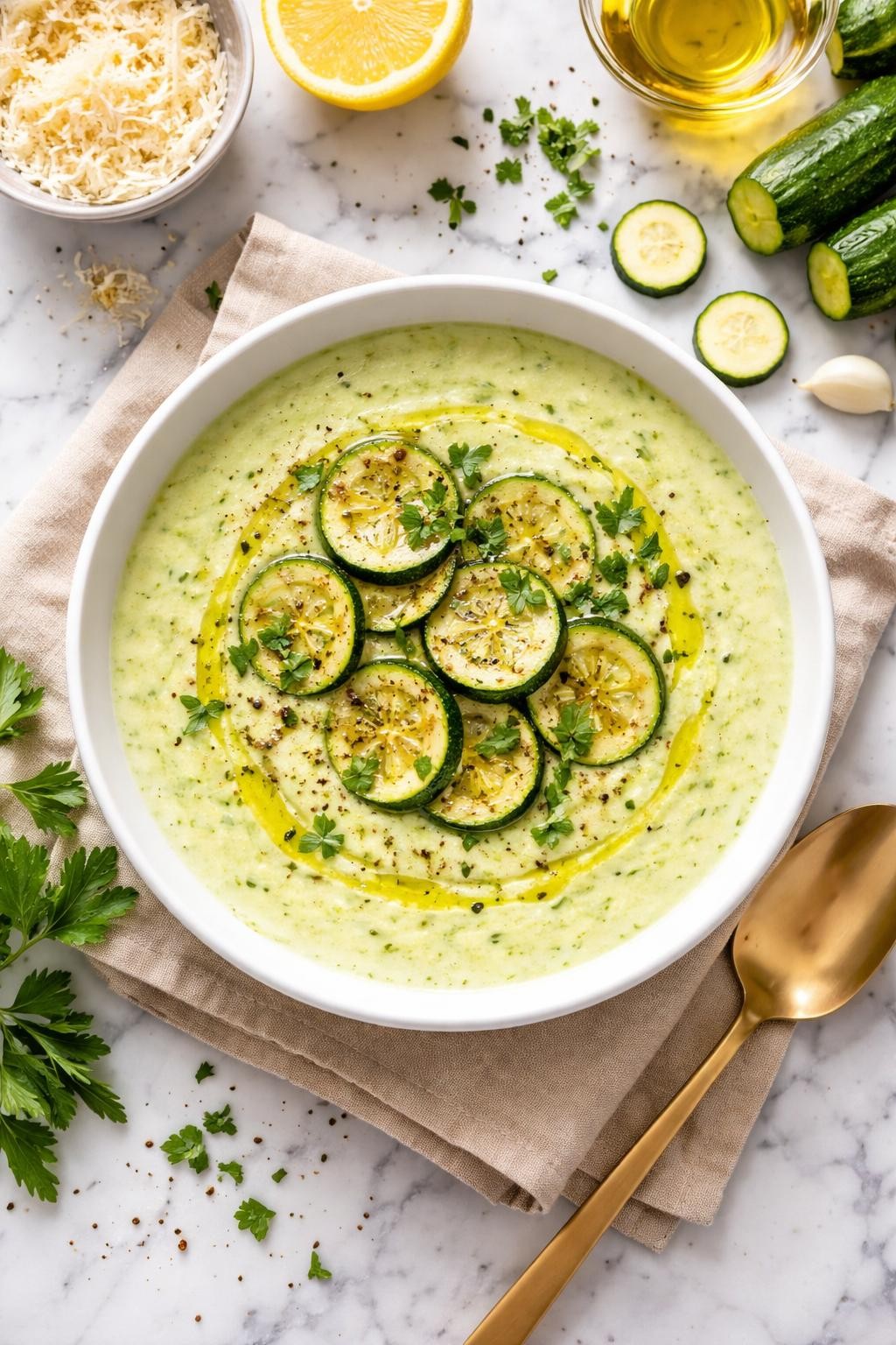 An overheard picture view of a plate of Creamy Zucchini Soup sitting on a marble countertop table in the kitchen, professional food photography style.