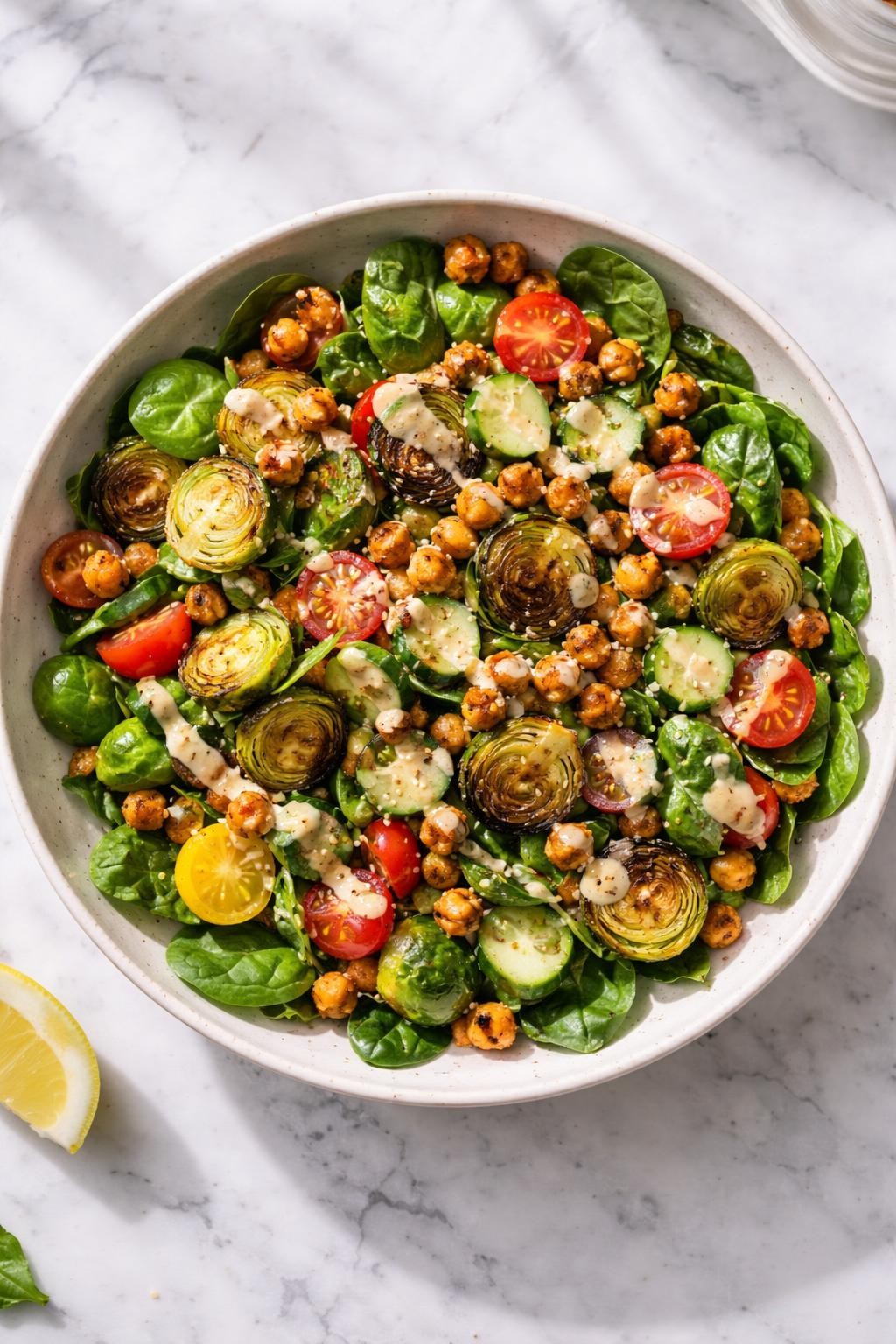 Image Prompt: Realistic top-down editorial food photography of a roasted Brussels sprout salad with chickpeas in a wide neutral bowl on a white marble countertop, roasted Brussels sprouts mixed with crispy chickpeas, spinach, cucumber, cherry tomatoes, and lemon tahini dressing, bright natural window lighting, soft shadows, high detail, realistic food texture, clean composition, no people, no hands, no text, no watermarks, no props with writing.