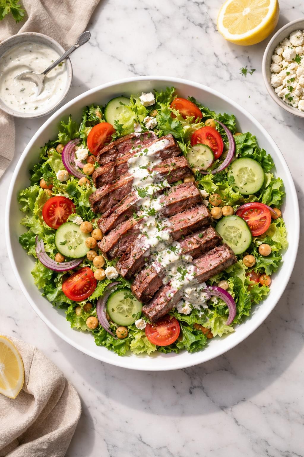 Image Prompt: Realistic top-down editorial food photography of a steak salad with creamy Greek yogurt dressing in a wide white bowl on a marble countertop, sliced steak over chopped romaine with cucumbers, tomatoes, red onion, chickpeas, and fresh herbs, pale creamy yogurt dressing spooned over the top, bright natural light, soft shadows, clean editorial food styling, high detail, realistic textures, no people, no hands, no text, no watermarks, no props with writing.