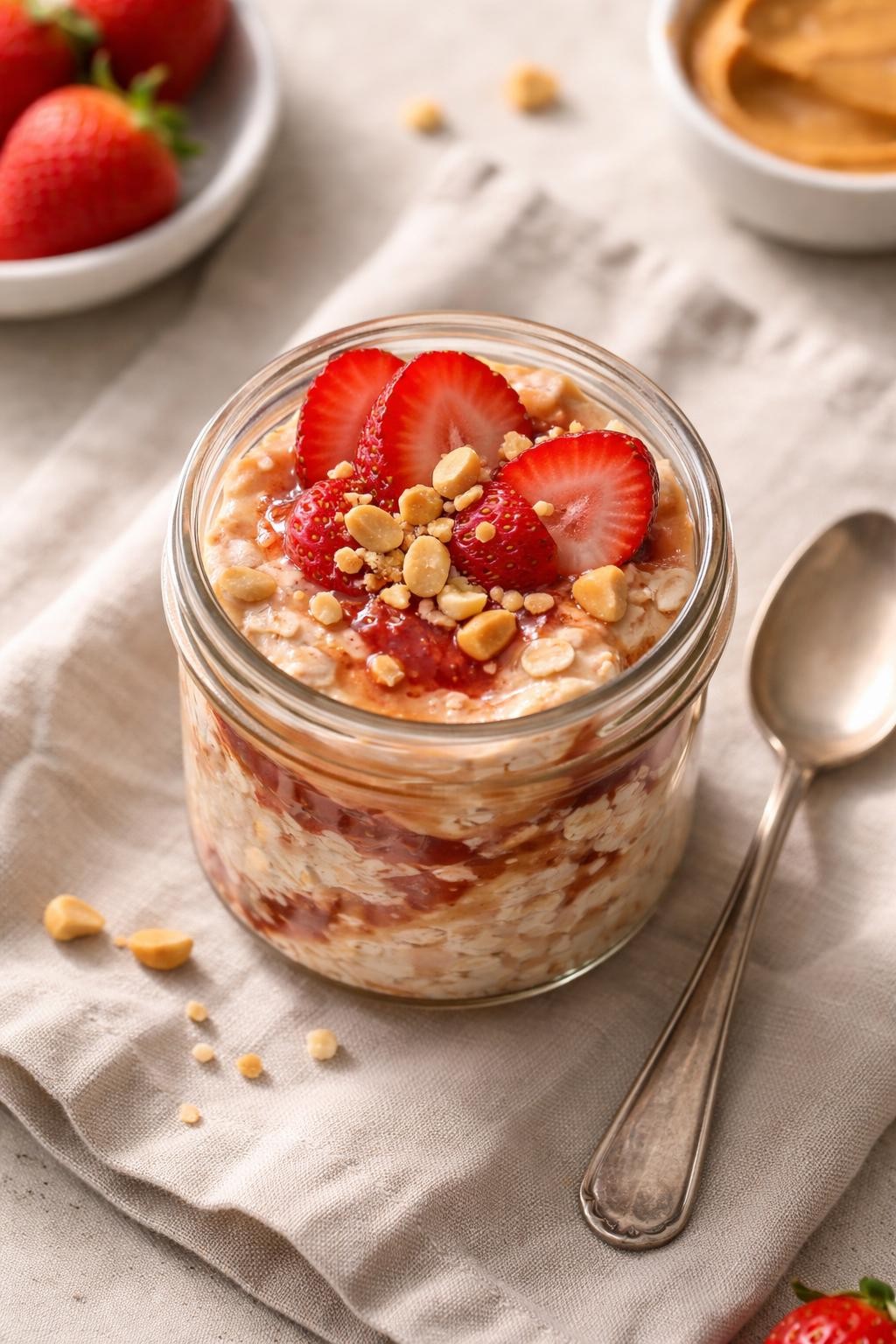 Photo prompt: Realistic top-down editorial food photography of a small glass jar filled with overnight oats swirled with peanut butter and strawberry jam, topped with fresh strawberries and a sprinkle of crushed peanuts. A spoon next to the jar. Soft morning light, lunch-box-friendly sweet lunch mood, no people, no hands, no text, no watermarks, no props with writing.