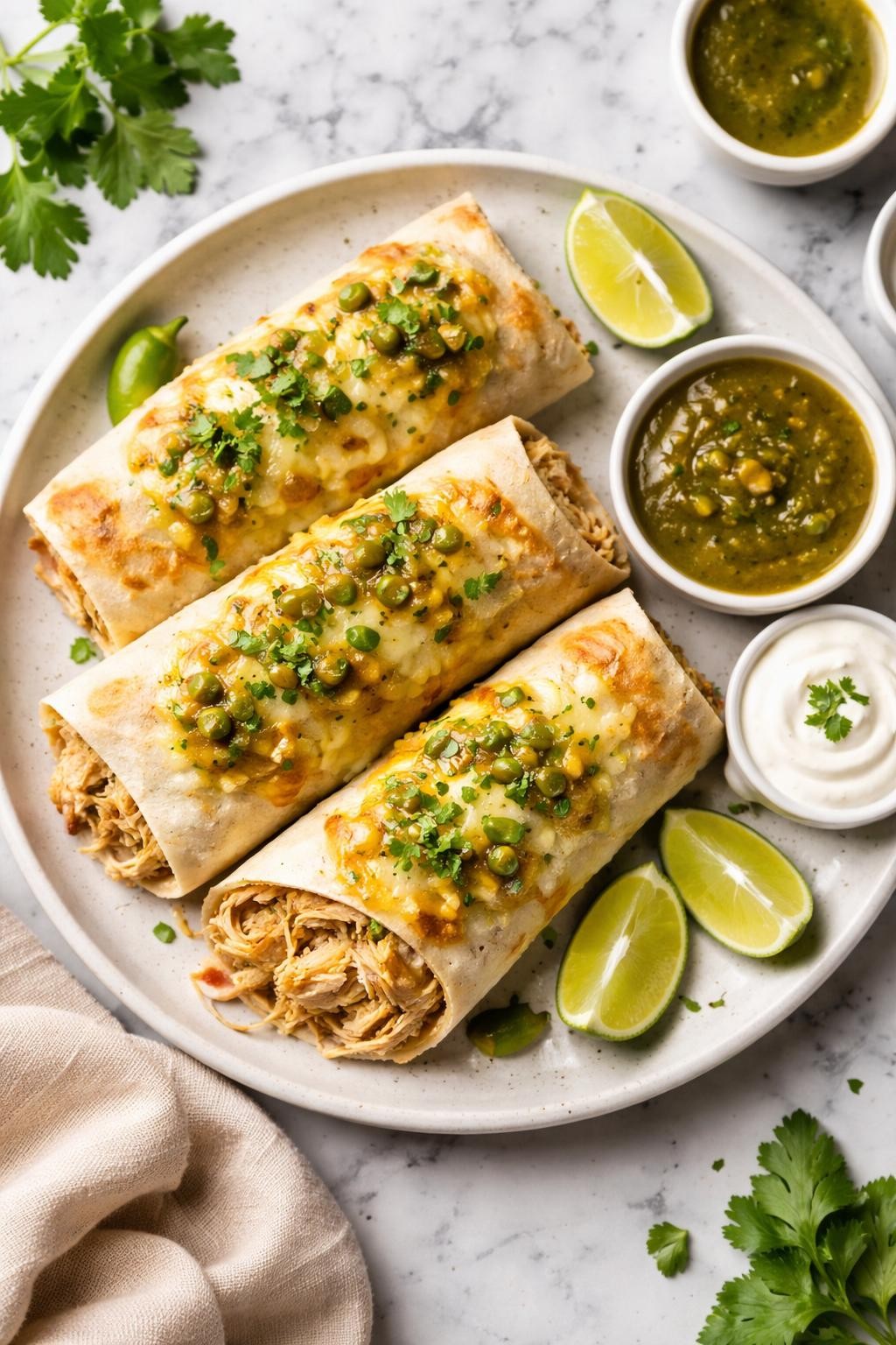 An overheard picture view of a plate of Green Chile Chicken Burritos sitting on a marble countertop table in the kitchen, professional food photography style.