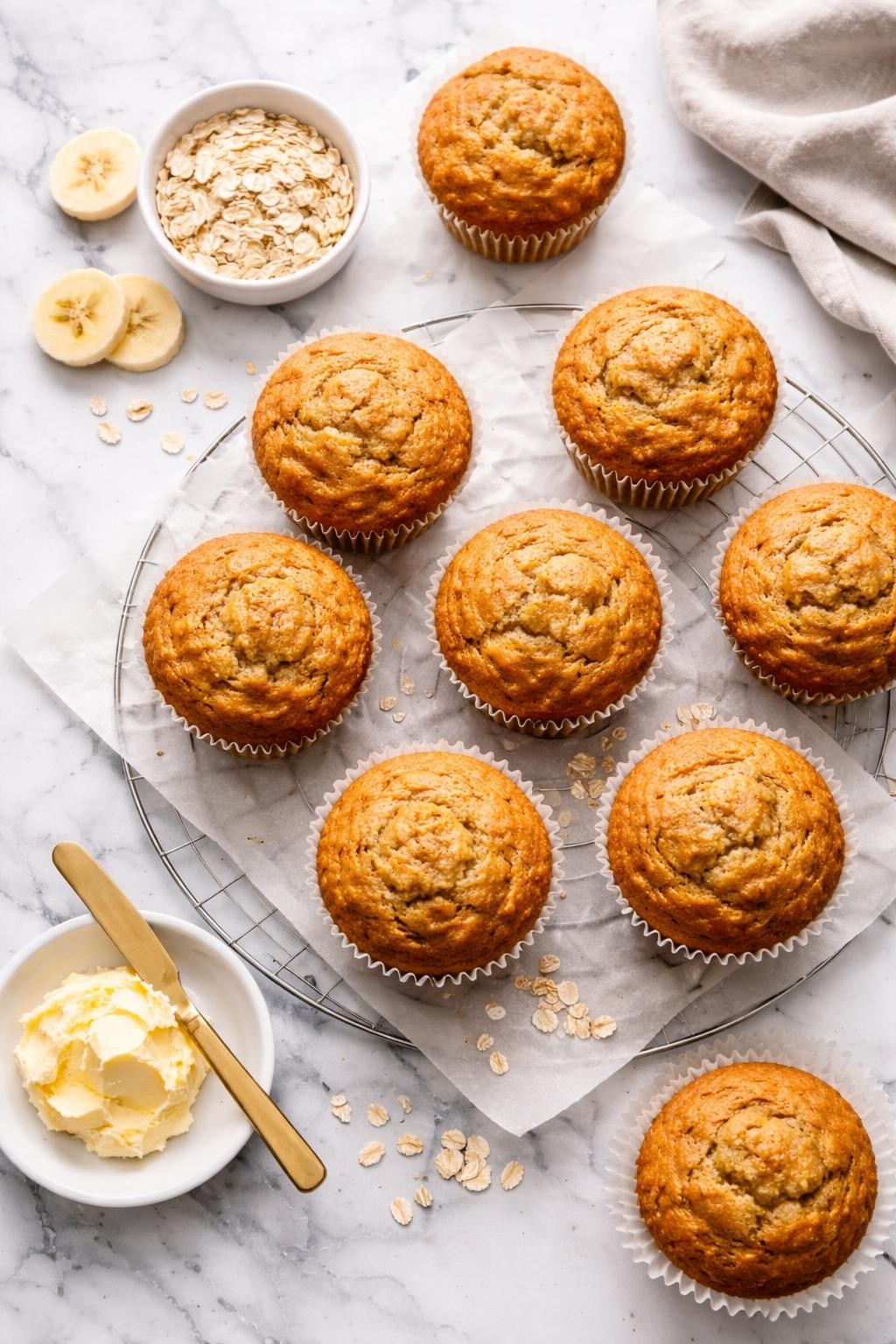 Image Prompt: Realistic top-down editorial food photography of vegan banana muffins on a clean white and gray marble countertop, golden brown muffins with soft domed tops and moist banana crumb, a few muffins in paper liners, cozy homemade breakfast mood, bright natural daylight, clean editorial styling, high detail, no people, no hands, no text, no watermarks, no props with writing.