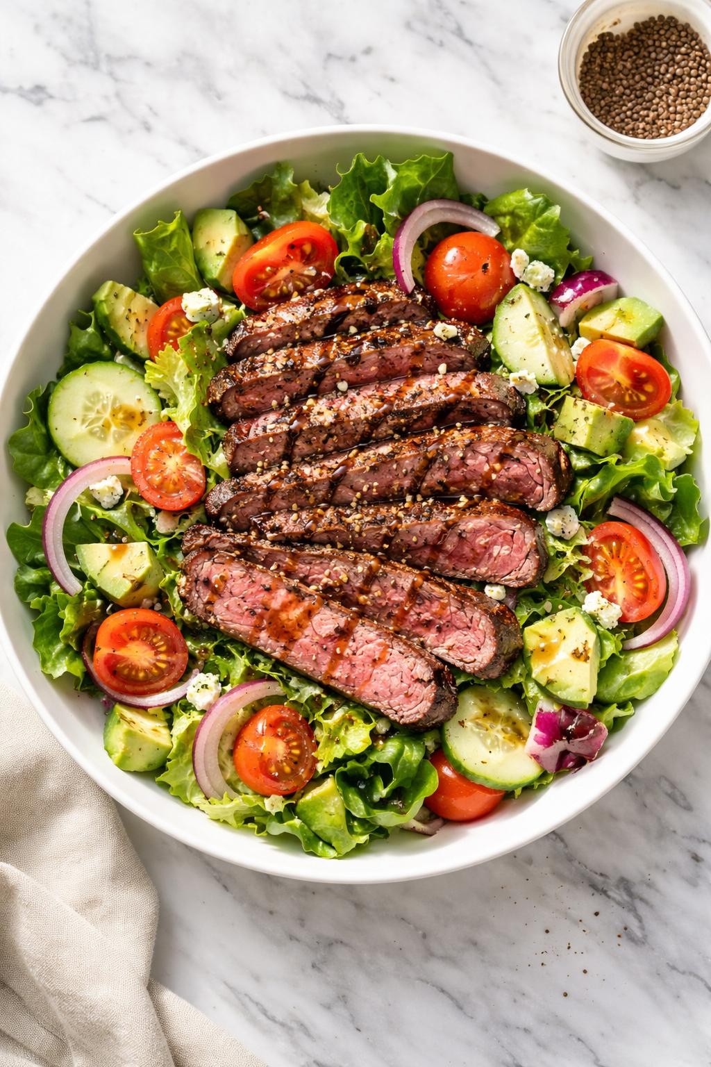 Image Prompt: Realistic top-down editorial food photography of a grilled steak salad in a wide shallow white bowl on a clean white and gray marble countertop, sliced medium-rare steak arranged over crisp romaine and mixed greens with cherry tomatoes, cucumber slices, red onion, avocado, and crumbled blue cheese, glossy balsamic dressing lightly drizzled over the top, fresh cracked black pepper visible, bright natural window lighting, soft shadows, clean composition, high detail, realistic food texture, cozy homemade dinner mood, no people, no hands, no text, no watermarks, no props with writing.