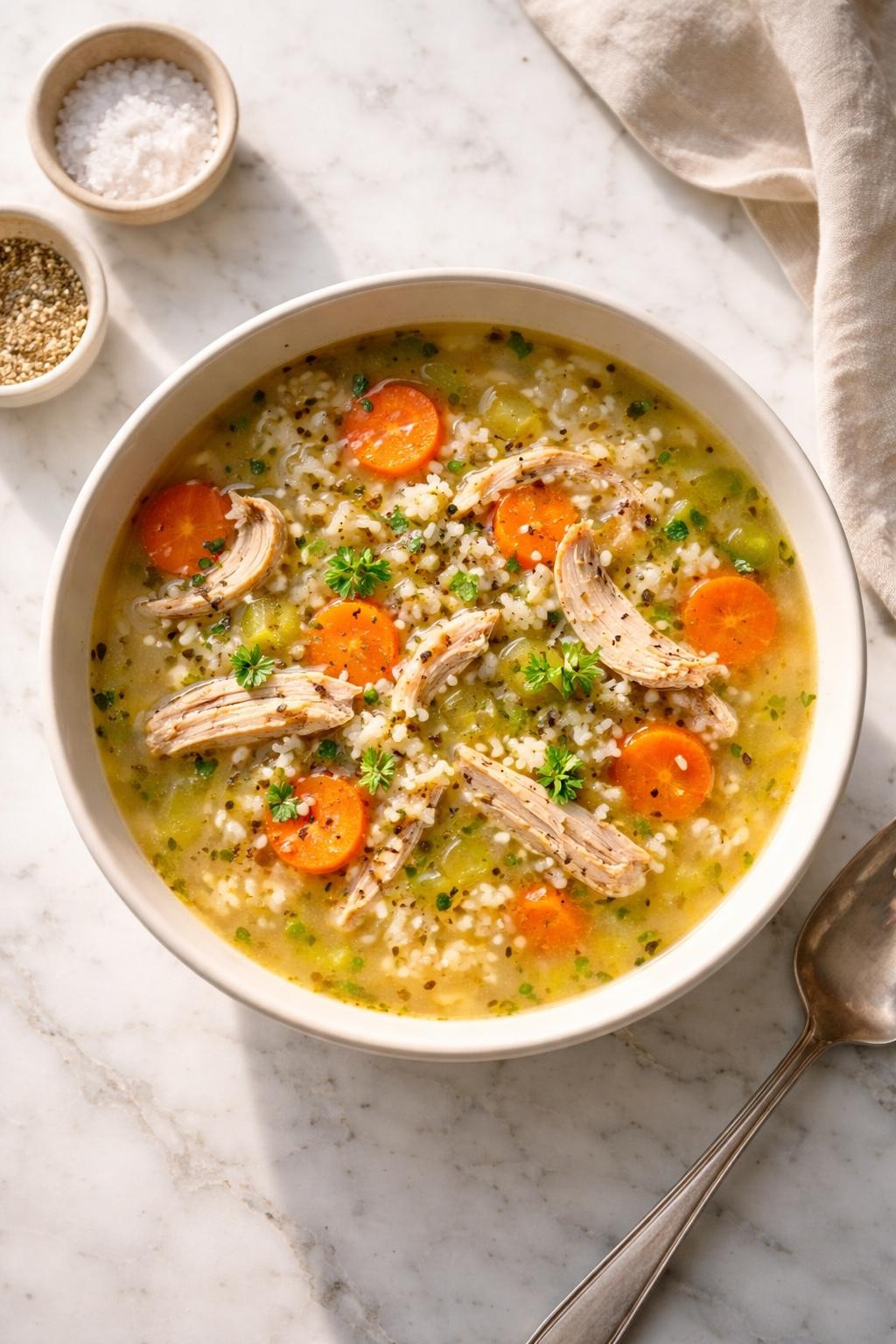 Prompt: Top-down realistic editorial food photography of chicken and rice soup in a simple bowl on a clean light marble countertop, light golden broth filled with shredded rotisserie chicken, rice, carrots, celery, and herbs, warm cozy homemade soup mood, bright natural window lighting, soft shadows, clean composition, high detail, realistic food texture, no people, no hands, no text, no watermarks, no props with writing.