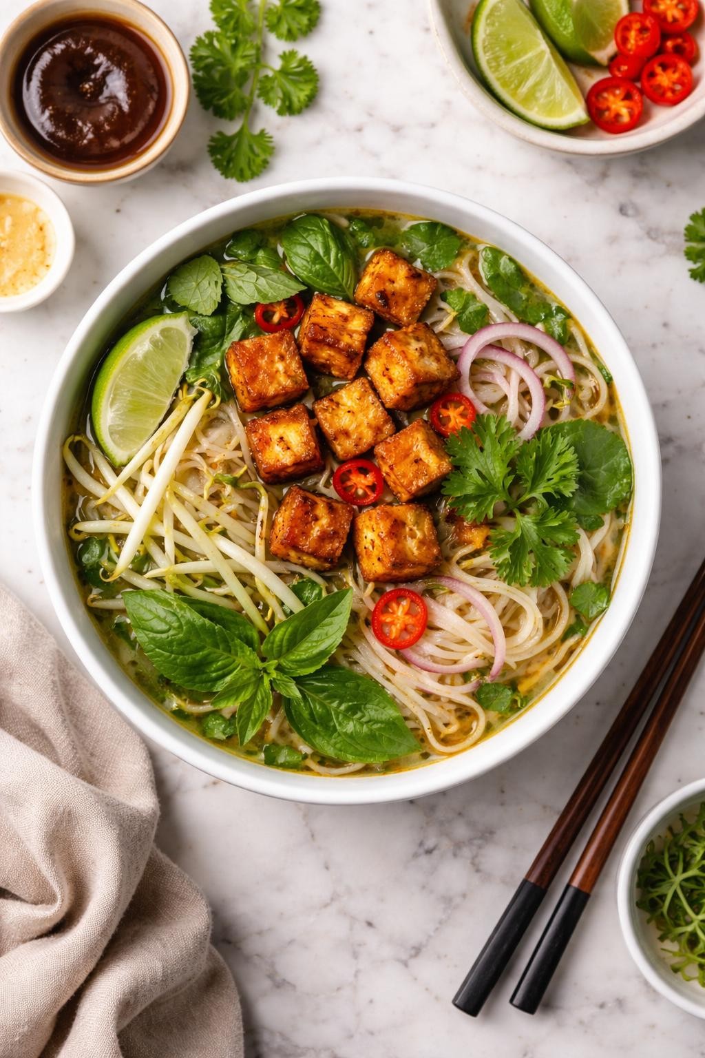 An overheard picture view of a plate of Lemongrass Ginger Tofu Pho sitting on a marble countertop table in the kitchen, professional food photography style.