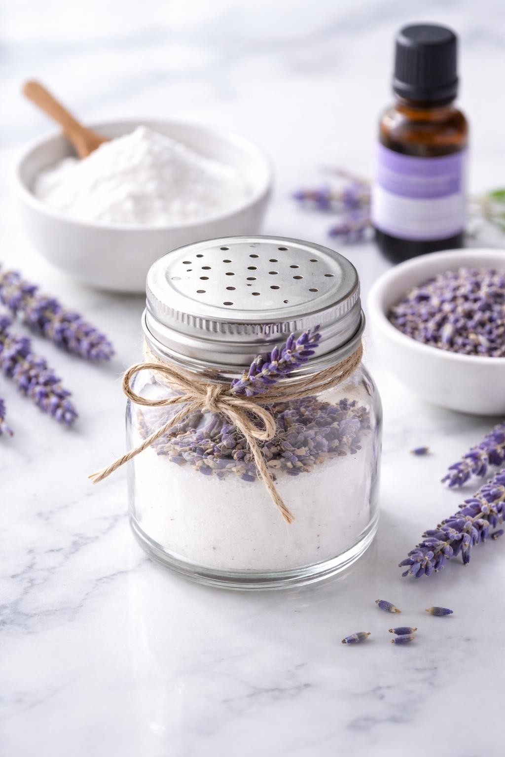 A realistic close-up photo of a small glass jar homemade lavender air freshener made with baking soda and dried lavender on a clean white marble countertop. A small bowl of baking soda, dried lavender buds, and a bottle of lavender essential oil are arranged neatly around the jar. Bright cool-toned natural light, crisp detail, realistic texture, clean minimal setup, strong focus on the jar freshener and soft purple details, no people, no text, (no watermarks on images)