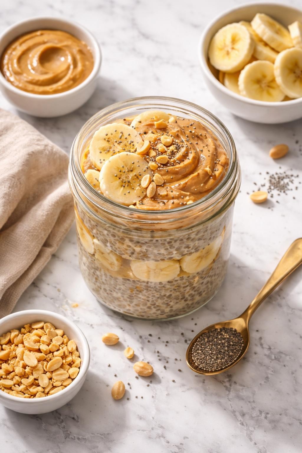 Image Prompt: Top-down realistic food photography of peanut butter banana chia pudding in a glass jar on a clean white and gray marble countertop, creamy chia pudding layered with banana slices and peanut butter, cozy homemade whole food vegan breakfast styling, bright natural light, soft shadows, high detail, no people, no hands, no text, no watermarks, no props with writing.