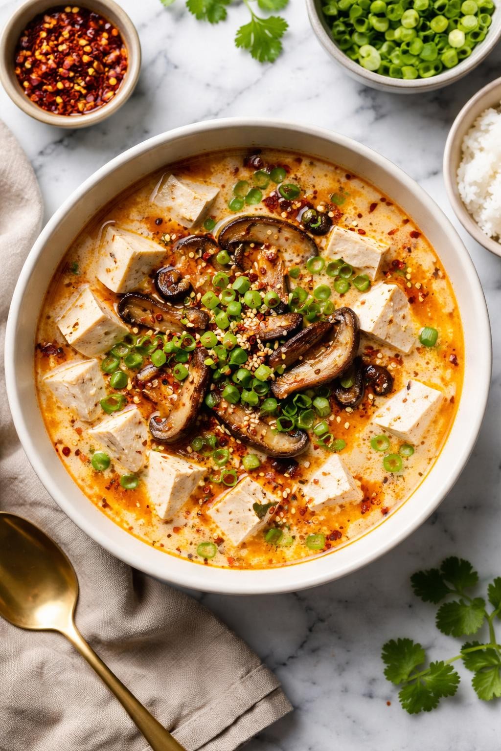 An overheard picture view of a plate of Creamy Silken Tofu Soup sitting on a marble countertop table in the kitchen, professional food photography style.